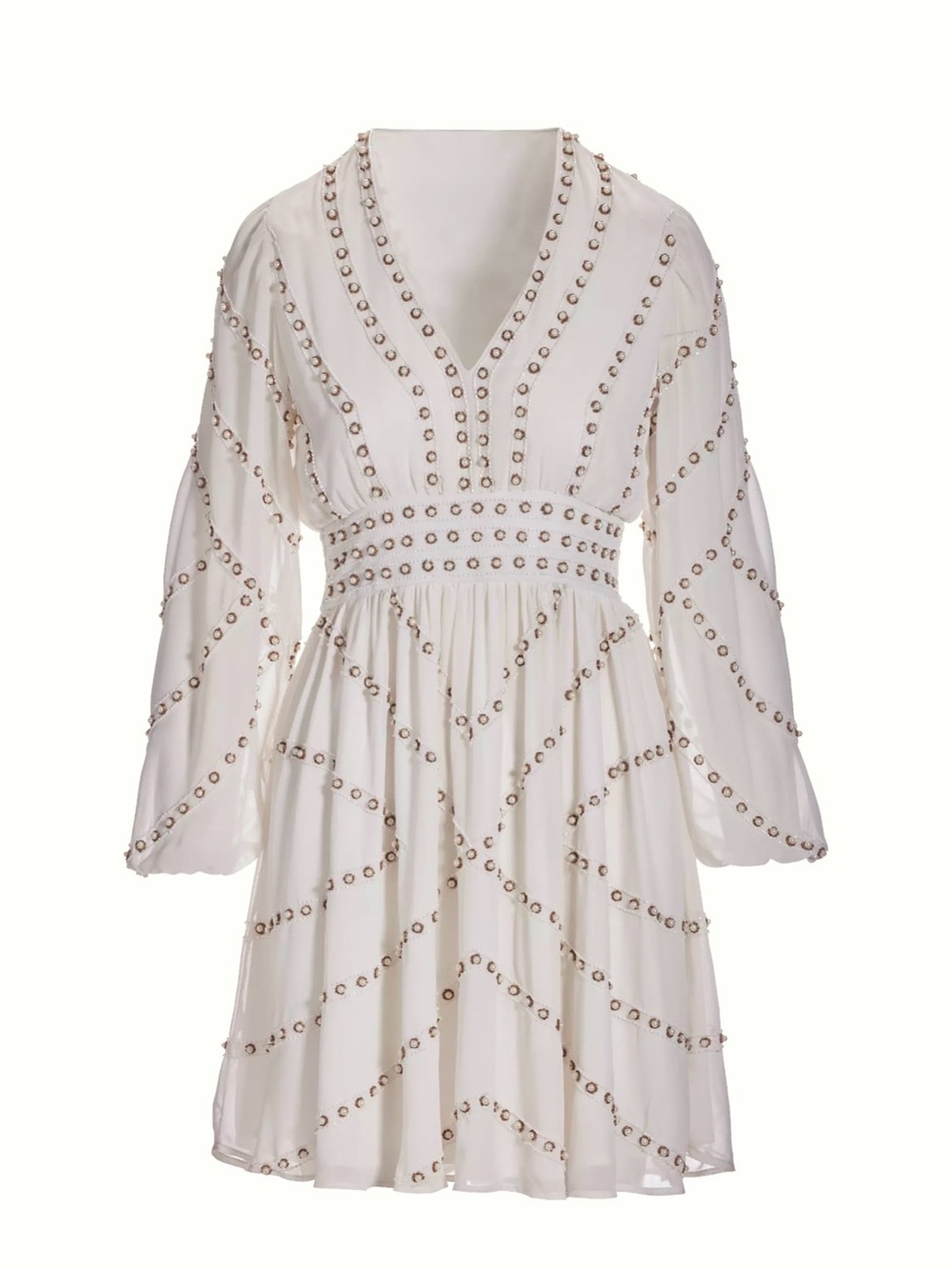 Pearl Embellished A Line Smocked Waist Boho Dress